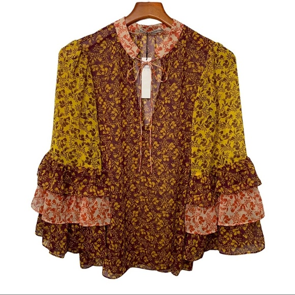 Alice + Olivia Floral Sheer Blouse - Yellow and Red - Picture 2 of 12
